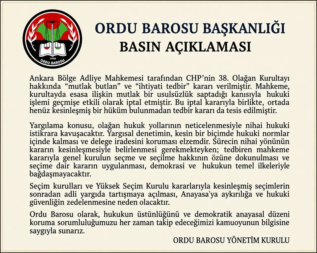 Ordu Barosundan Chp Kararina Hukuki Tepki 1B